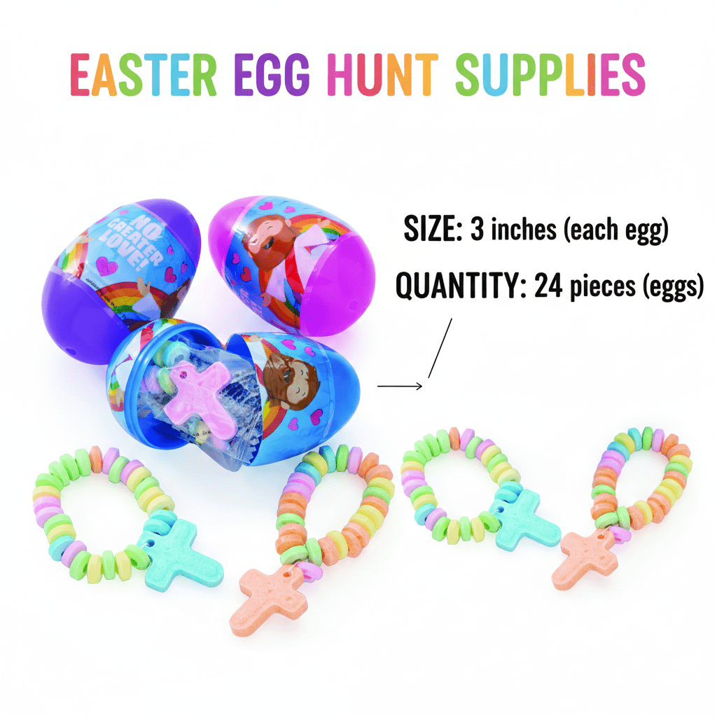Fun Express 3 Inch Religious Cross Candy Bracelet-Filled Plastic Easter Eggs, 24 Count