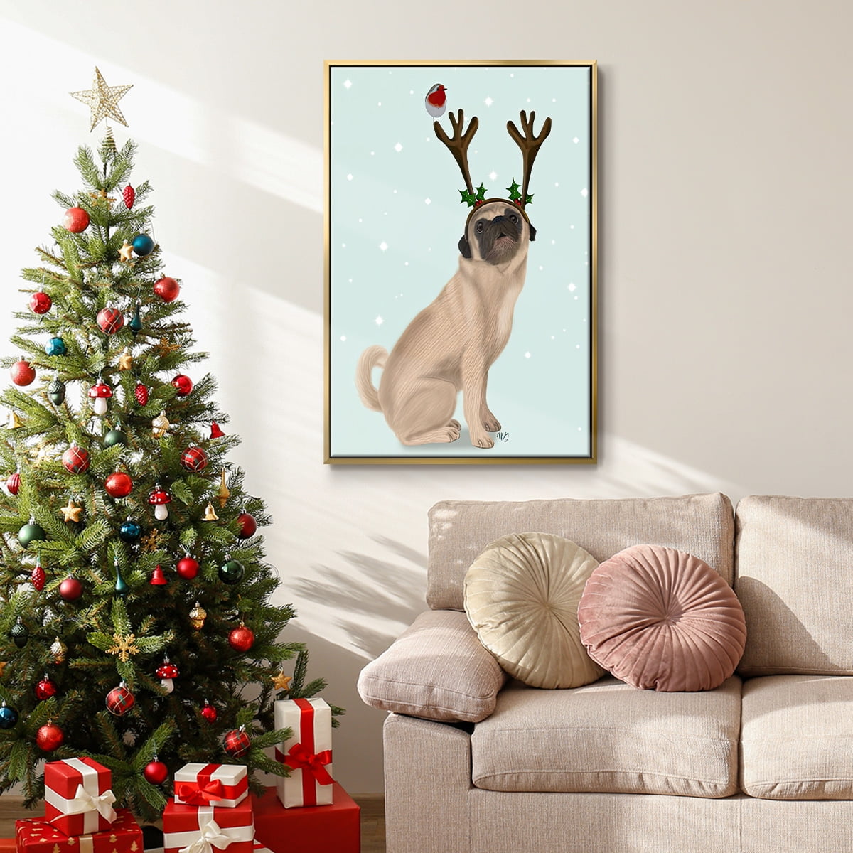 Christmas Pug with Antlers and Robin - Framed Gallery Wrapped Holiday Canvas - 17 x 25 - Gold Frame
