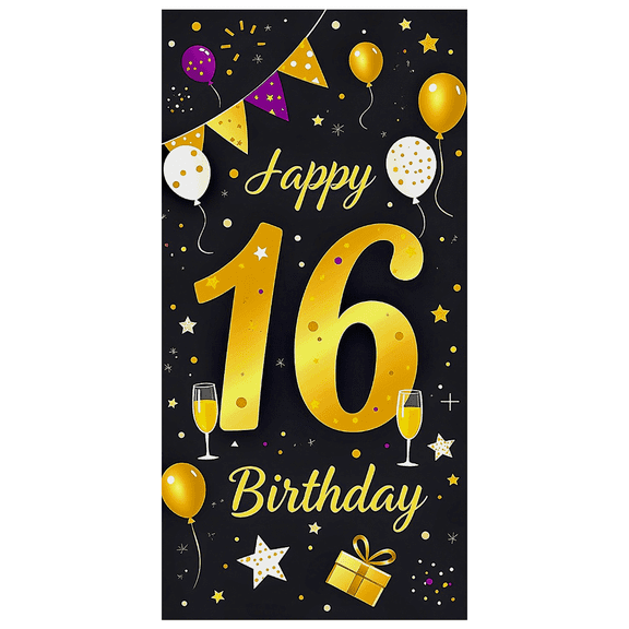 Black Background Happy 16 Birthday Banner with Golden Balloons Stars and Bunting Party Supplies Photo Backdrop Decoration for Birthday Parties Celebrations Photography Props