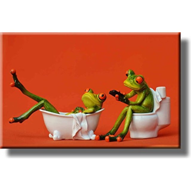 Wall Art Décor Ready Frog Brushing Teeth Bathroom Picture on Stretched Canvas