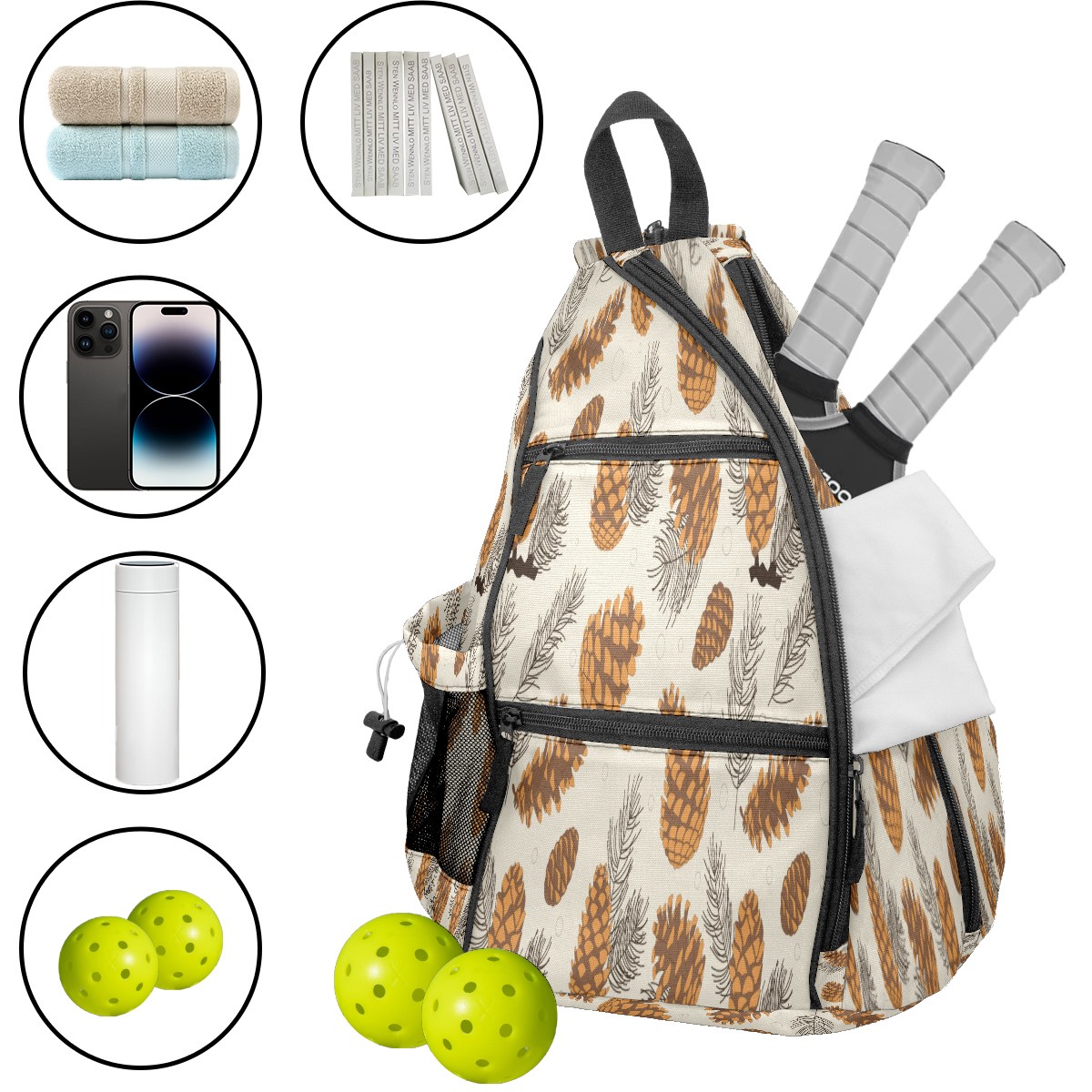 Pickleball Bags for Men Women Pickleball Backpack with Large Capacity Lightweight Adjustable Pickleball Sling Bag Hold Paddles, Balls, Accessories Pine Cones