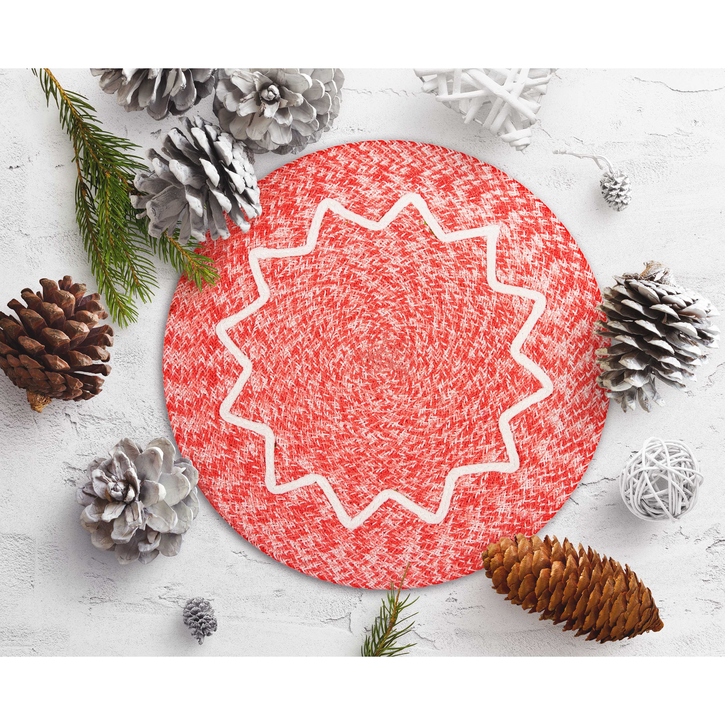 Holiday Braided Ribbon Round 4-pack Table Placemat Set - 15" Diameter - 100% Jute, Red & White
