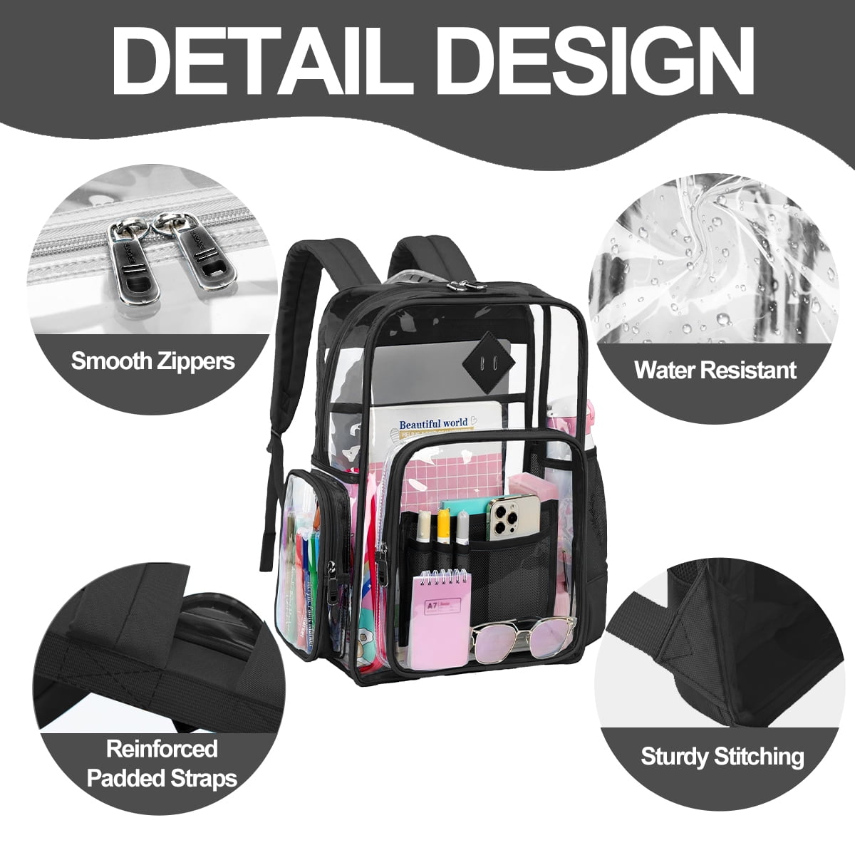 Sanmadrola Clear Backpack Heavy Duty Stadium Approved School Bookbag PVC Backpacks for Adults Travel