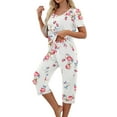 thumbnail image 4 of HYwys Comfy Lounge Sets for Women Short Sleeve V-Neck Tops and Floral Print Wide Leg Pants Loose Capri Pajama Set, 4 of 5