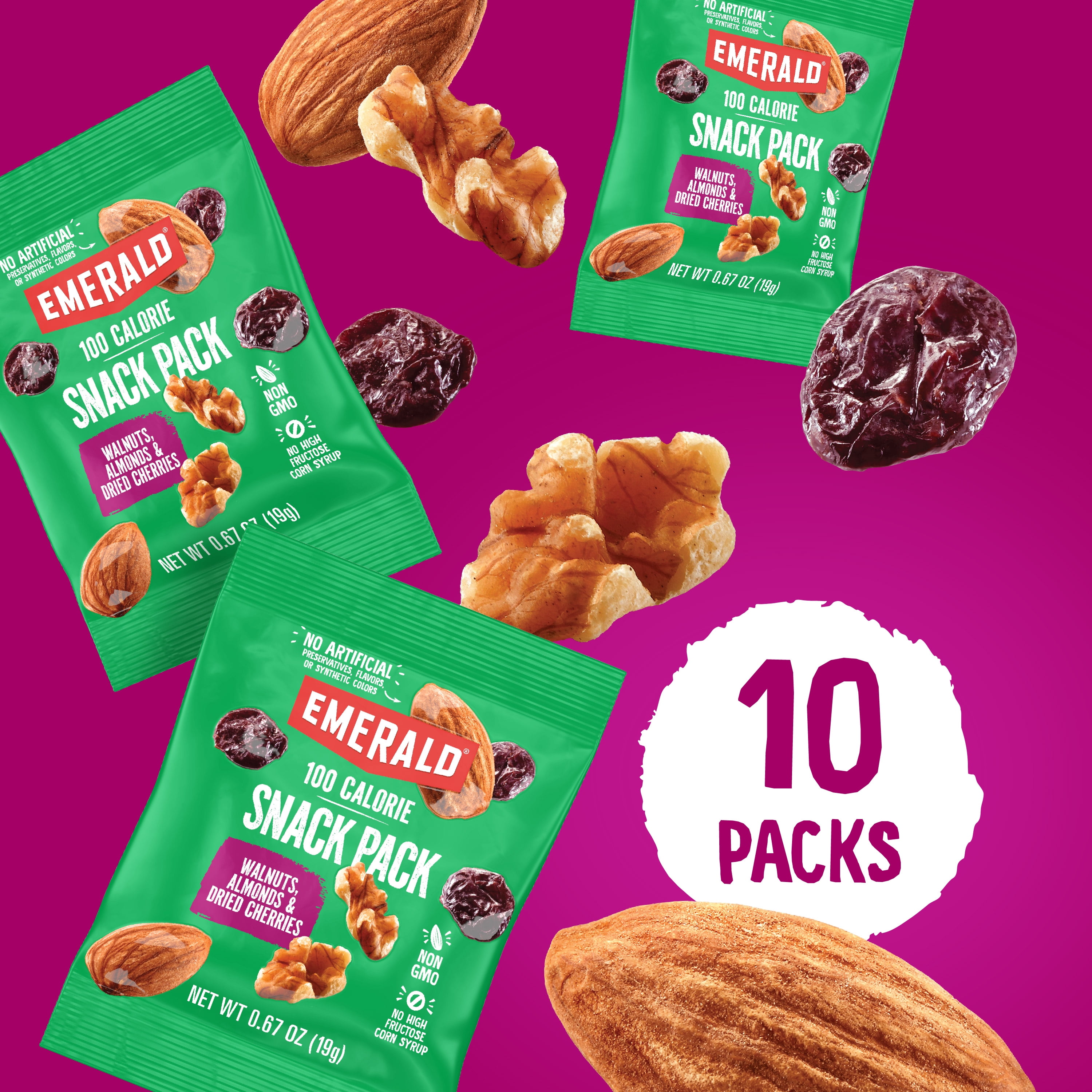 Emerald Nuts Roasted and Salted Cashews and Walnuts & Almonds with Dried Cherries, 100 Calorie variety Pack (10 Each)