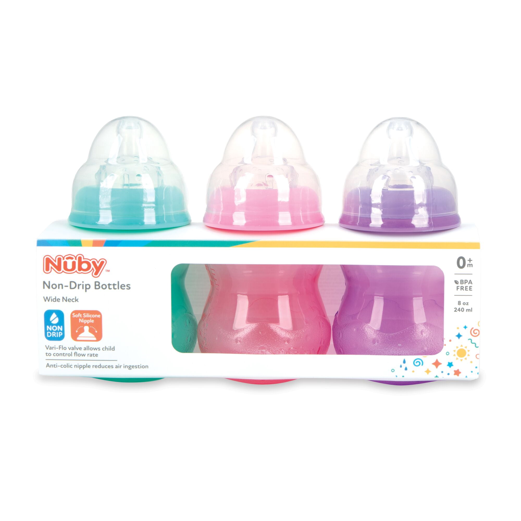 Nuby 8 Ounce Wide Neck Tritan Bottles Girl, 3 Count