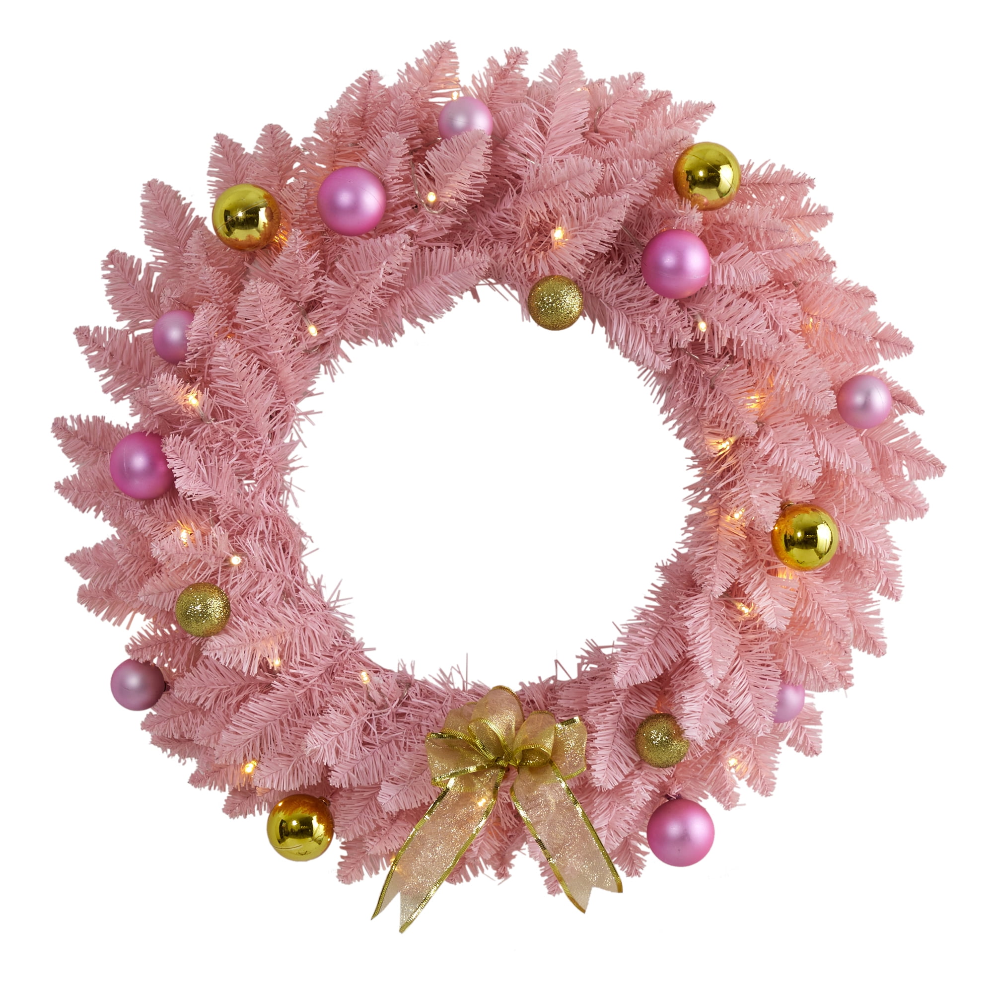 Nearly Natural 24" Pink Artificial Christmas Wreath with 35 LED Lights and Ornaments