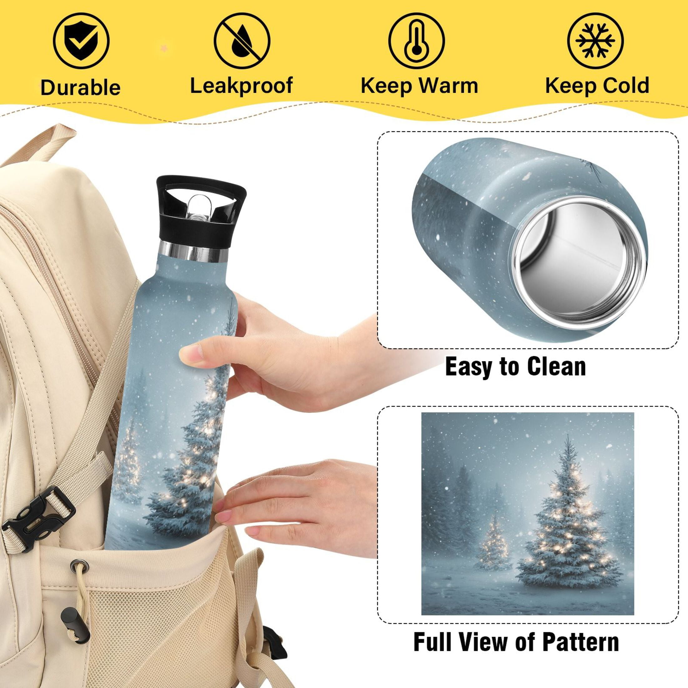 Kids Insulated Stainless Steel Sports Water Bottle 600ml (20oz) Christmas Tree with Lights