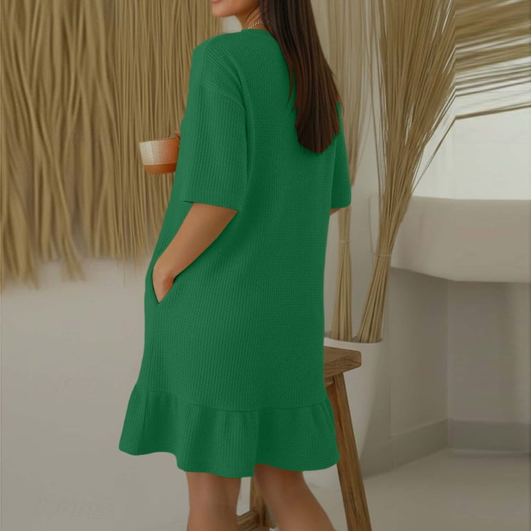 green waffle dress Olive Green Warm Cotton Waffle Fit and Flare Short Dress