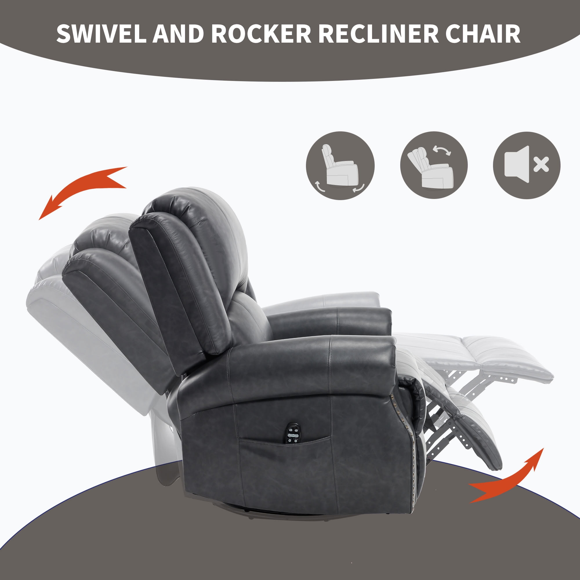 MAYEERTY 360 Degree Swivel Rocker Recliner Chair, Leather Manual Recline Glider Armchair with 8-Point Vibration Massage & Lumbar Heat, 350 LBS Capacity for Living Room Home Theater