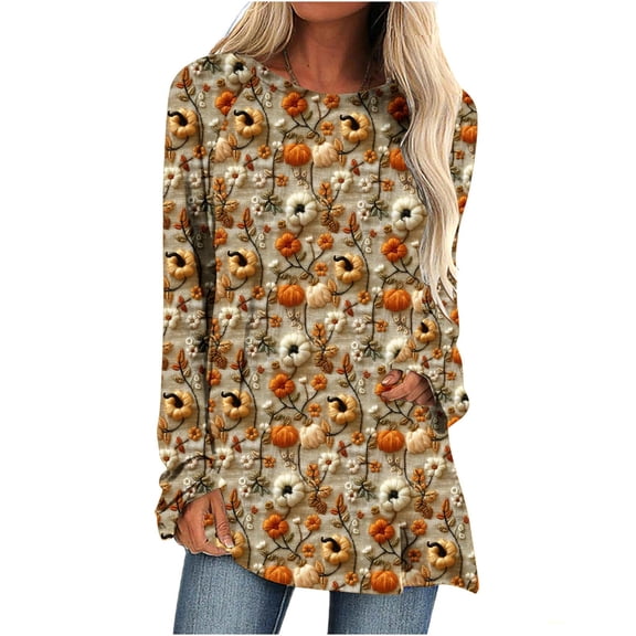 Raeneomay Long Sleeve Shirts for Women Oversize Women's Thanksgiving Round Neck Solid Color Loose Long Sleeved T-Shirt Top