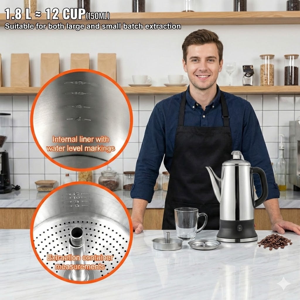 Classic Electric Percolator Coffee Maker, 12-Cup Capacity with Stay-Warm Feature - Stainless Steel, Fast Brewing & Easy-Pour Spout, Silver