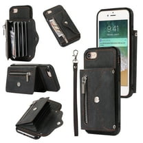Crossbody RFID BLOCKING Wallet Case for iPhone 7 / 8 / SE 2022 2020 with Card Holder, Zipper Pocket Kickstand Function Shockproof Purse Phone Cover with Removable Shoulder Strap & Wrist Strap, Black