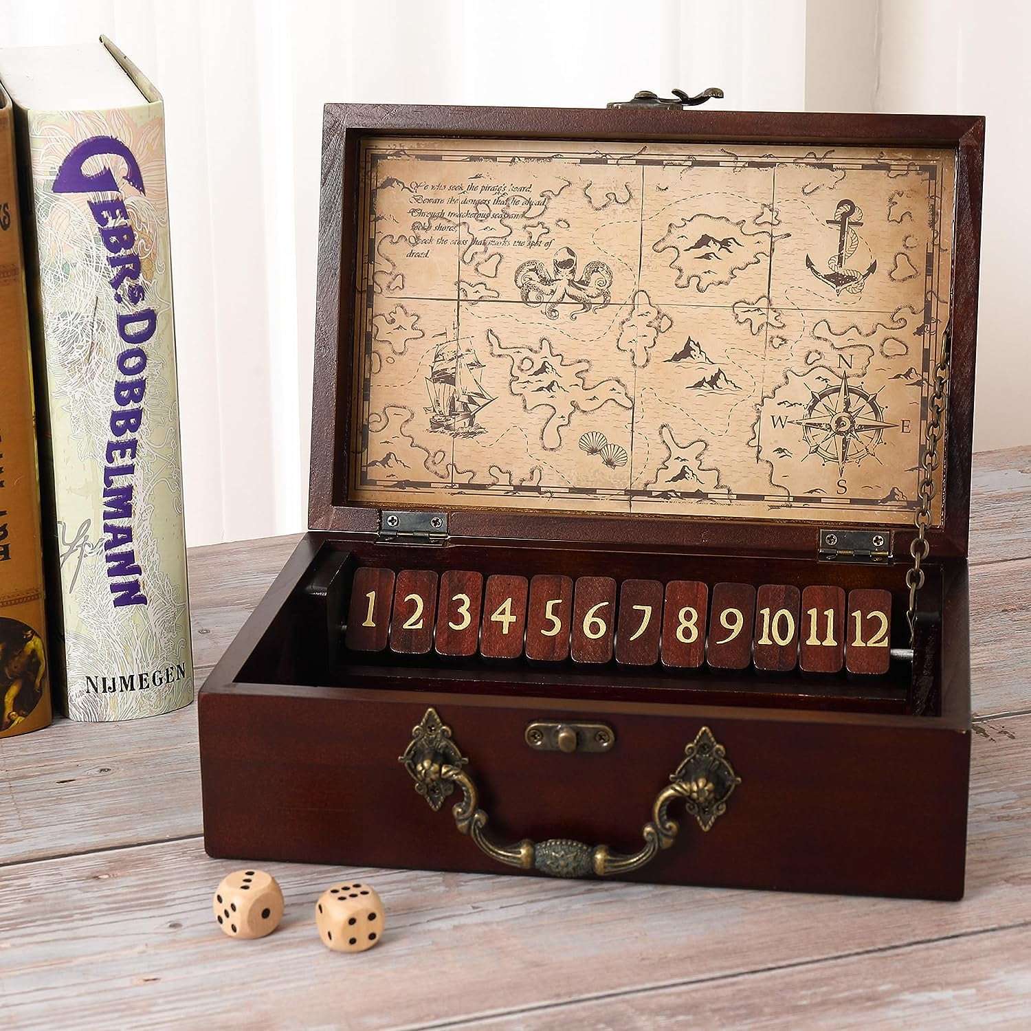 Sterling Games 12 Number Shut the Box Wooden Box Travel Case Nautical Theme Family Dice Game