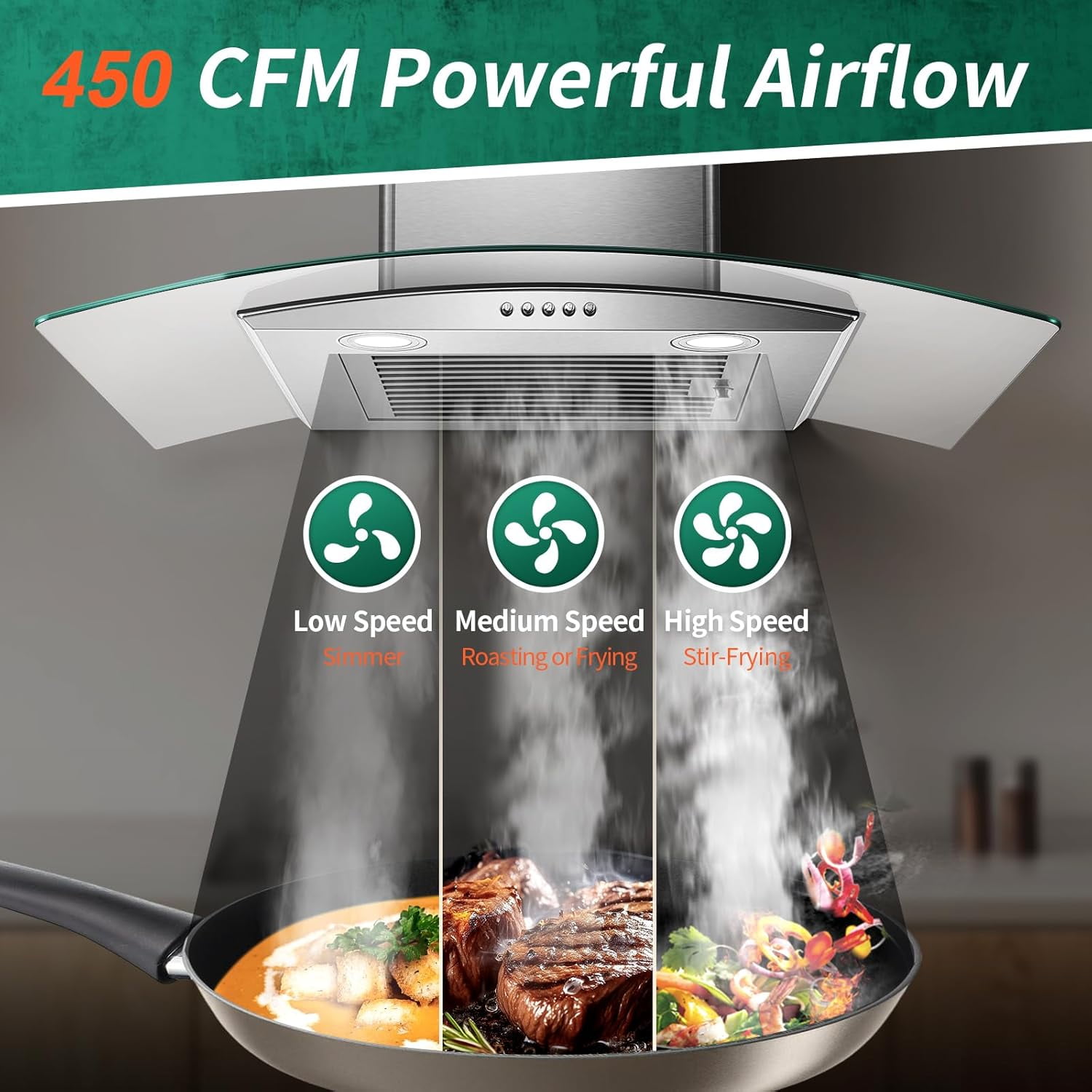 30 inch Glass Wall Mount Range Hood 450CFM Kitchen Cook 3-Speed Touch Control Range Hood 30 Inch, Tieasy Wall Mount Kitchen Hood with Ducted/Ductless Convertible Duct, Stainless Steel Chimney