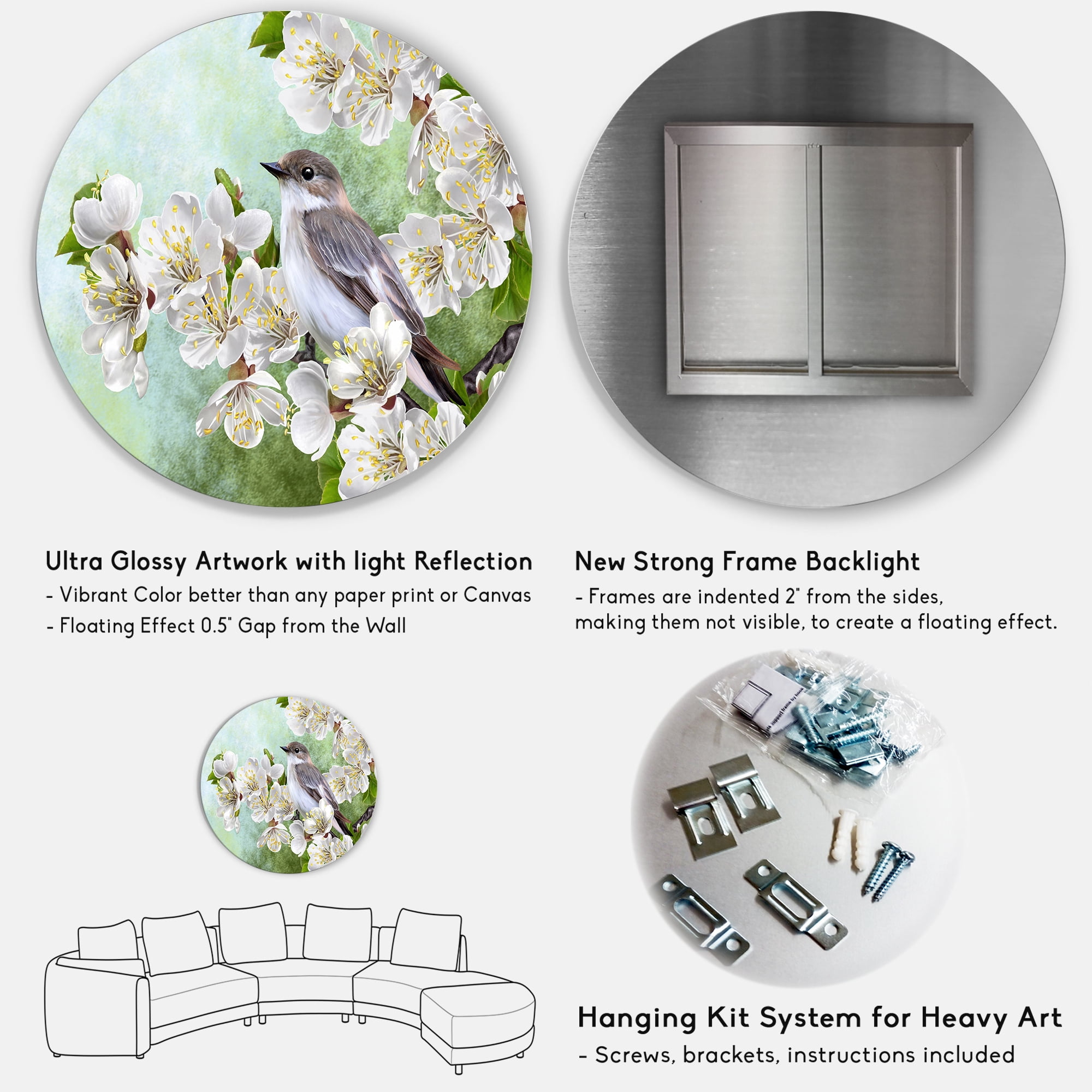 Designart 'Gray Bird Sitting On A Branch of A Blossoming Tree' Traditional Circle Metal Wall Art 29x29 - Disc of 29