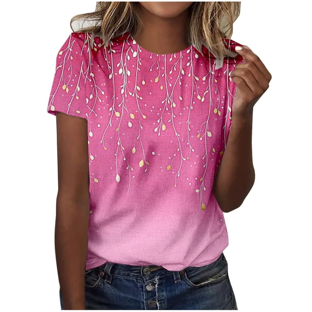 Camisetas de Manga Corta para Mujeres Moda Impresa Cuello Redondo Camiseta, Lentejuelas Detalle para Primavera Verano Casual Y Fiesta