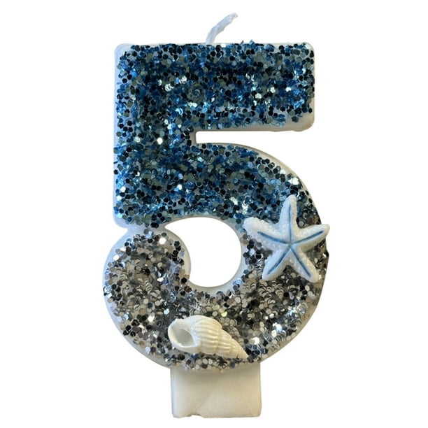 Vela de cumpleaños número 0 de 2,95 pulgadas con lentejuelas de estrella de mar azul, decoración para tarta de cumpleaños, decoración para boda, fiesta de cumpleaños