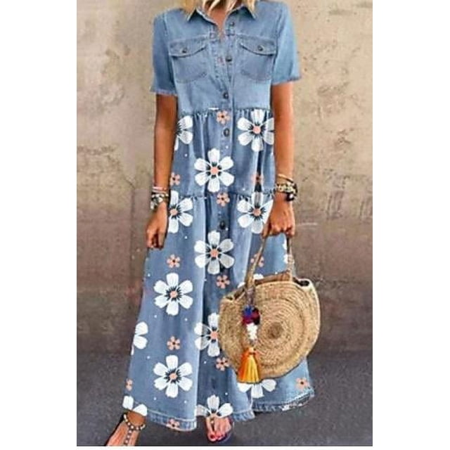 xiaxaixu Robe en Jean Grande Taille pour Femmes Manches Courtes Col Rabattu Bouton avant Ample