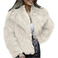 thumbnail image 3 of Women's Faux Fur Coat, Plush Textured Short Jacket, Lapel Collar Cropped Length, Thickened Warm Overcoat, Luxurious Winter Outerwear, Open Front Style Beige L, 3 of 8