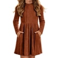 thumbnail image 2 of Lutiedan Long Sleeve Dresses for Girls Ribbed Knit Stretch A Line Dress Fall Winter Mock Neck Casual Dress Size 5-15,Orange, 2 of 8