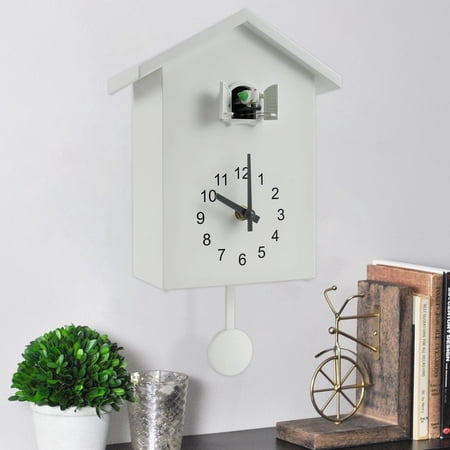 Vensio -Cuckoo Wall Clock with Pendulum and Fluttering Wings, Modern Minimalist Bird house Shape Clock with Delightful Cuckoo Sound, Battery Operated Home Decor White