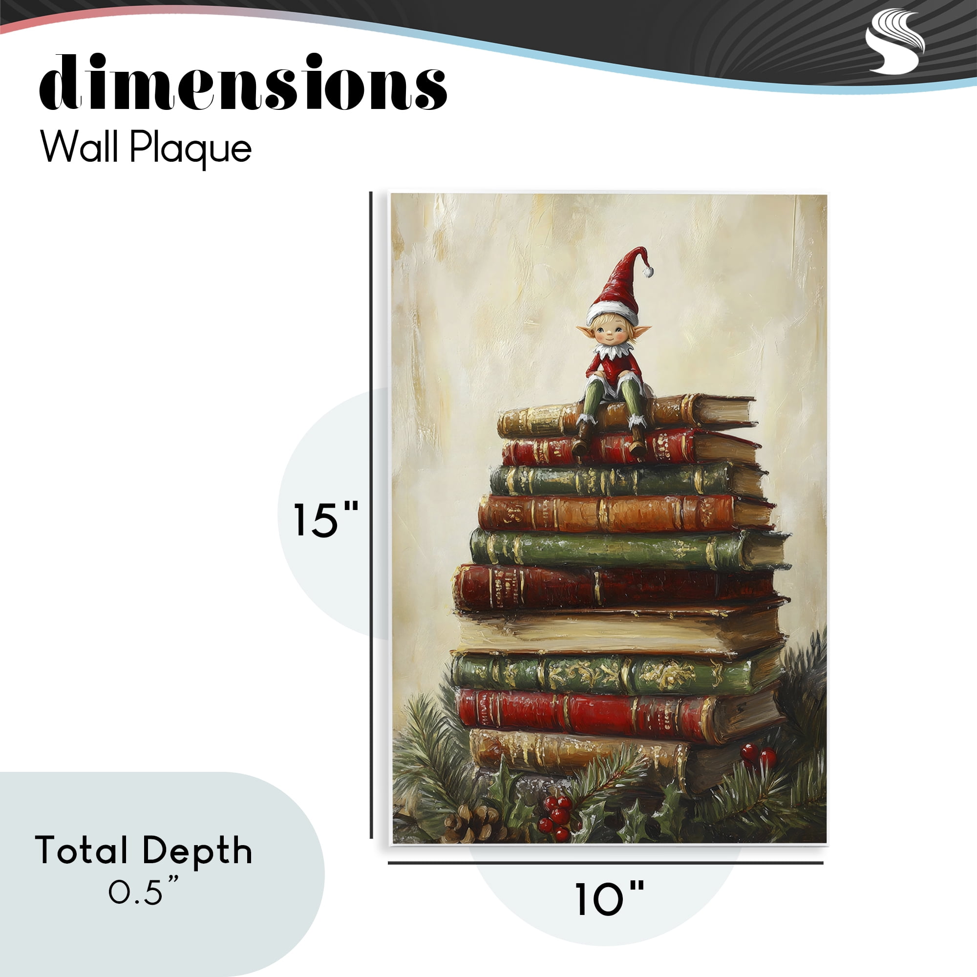 Christmas Elf Bookstack Wall Plaque Art, design by Petal Prints Design