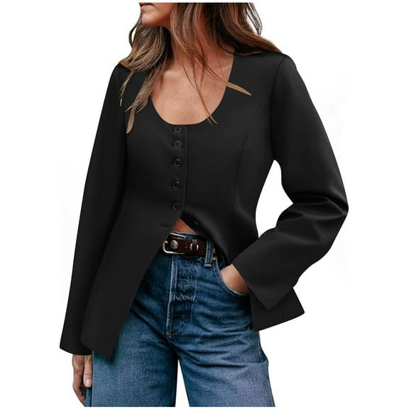 Wyobmus Women Twill Blazer Jacket Business Work Casual Blazers Button Down Scoop Neck Split Hem Fitted Cardigan Jackets Black
