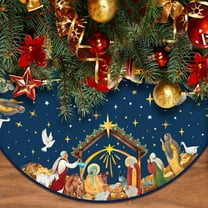 Christian Christmas Tree Skirt Religious Jesus Nativity Scene Xmas Tree Mat Navy Blue Christmas Holiday Jesus Indoor Outdoor Party Decor (48 Inches)