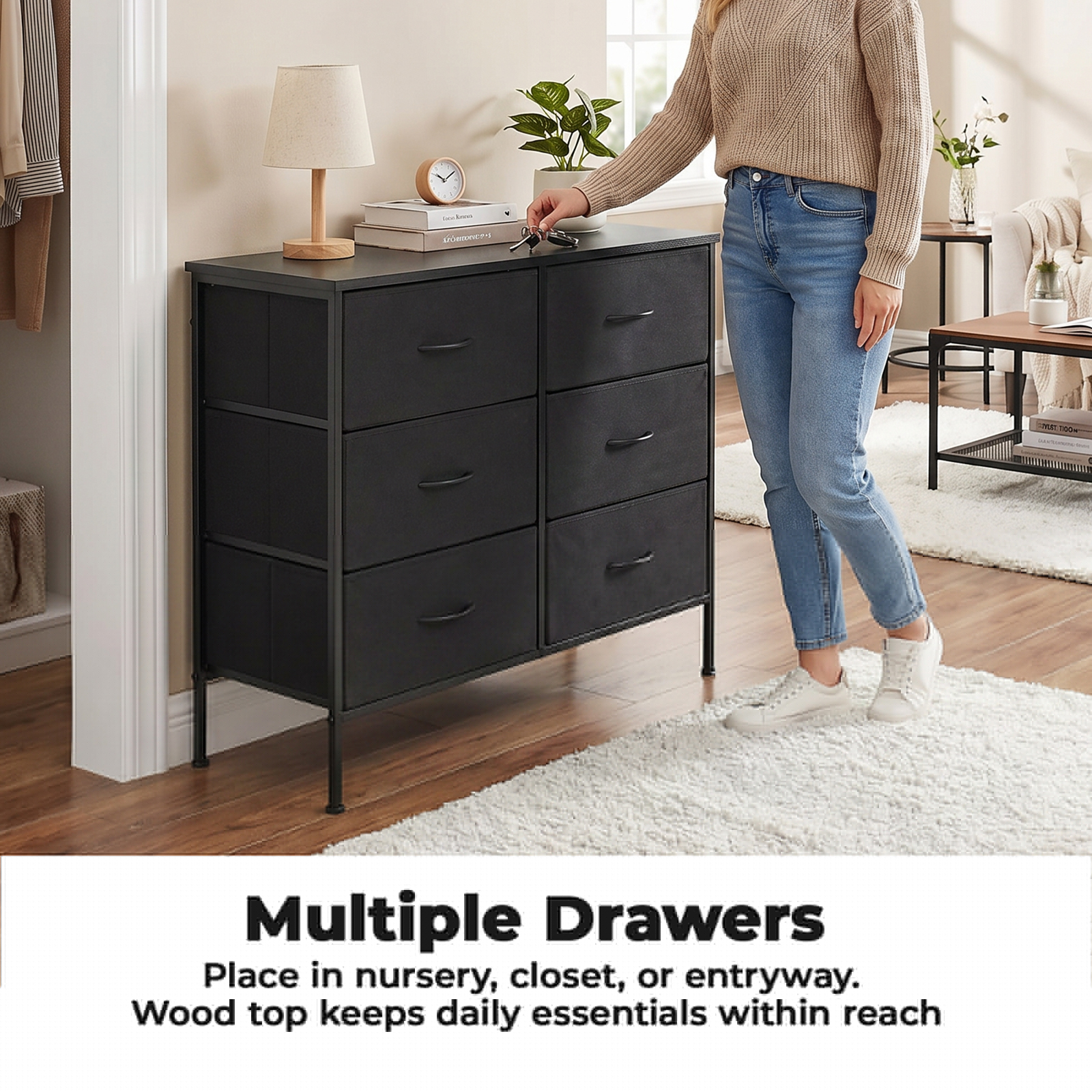 Alvantor Tall Dresser Fabric Storage Tower ,Wooden Top for Kid Room, Closet, Entryway, Nursery