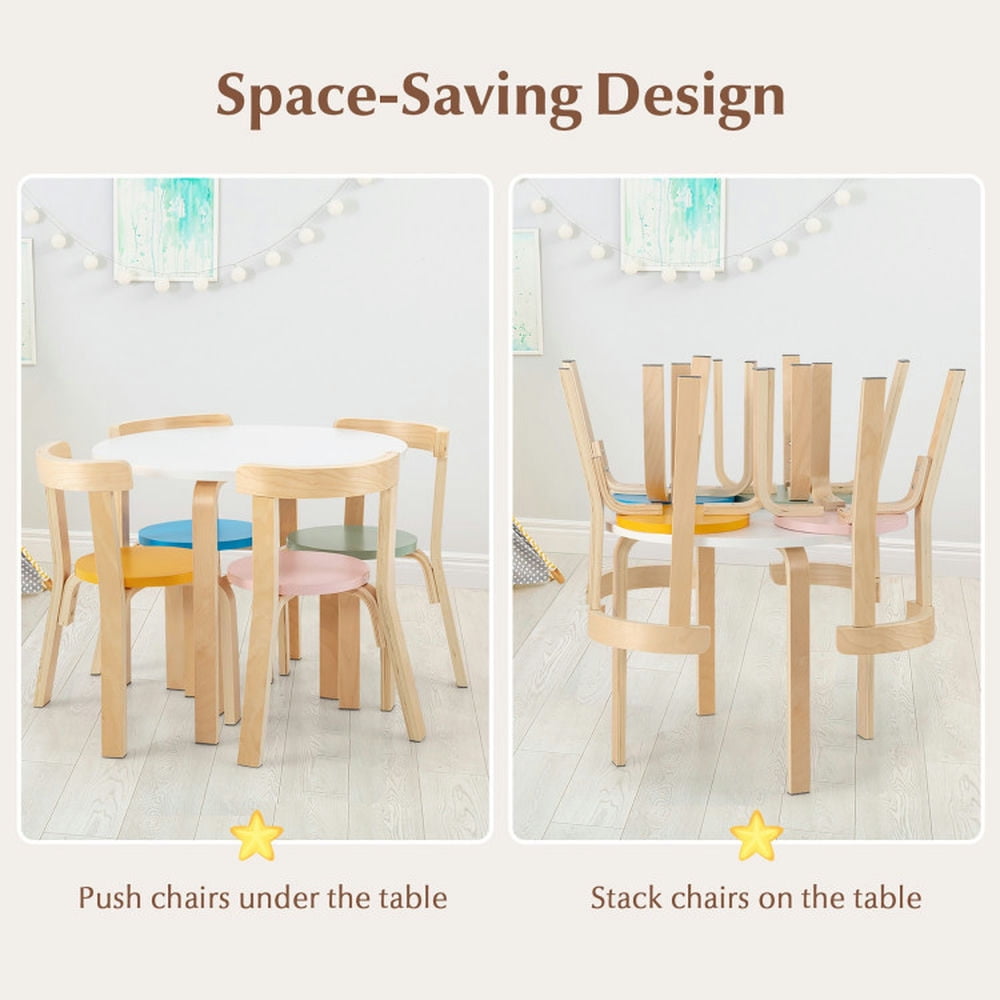 Spaco 5-Piece Kids Wooden Curved Back Activity Table and Chair Set withToy Bricks, Toddler Table and Chair Set for Arts & Crafts, Snack Time, Homeschooling, Homework