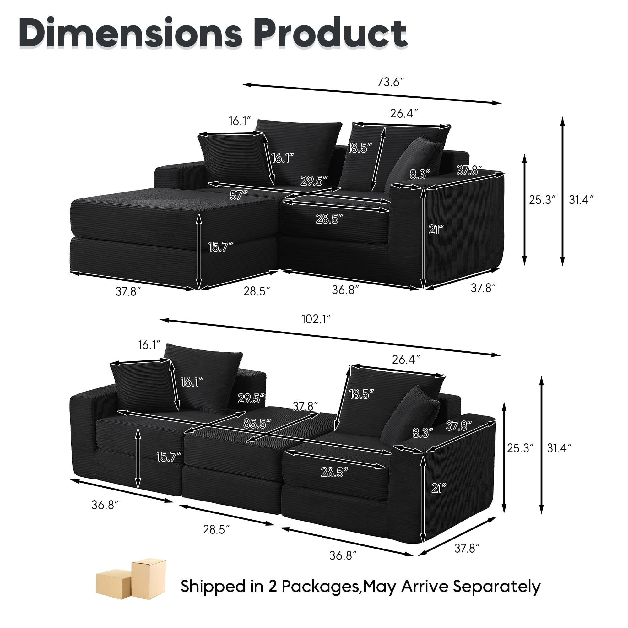 Tmsan 73.6" Modular Sectional Sofa,boneless loveseat couch with 4 Pillows,Classic L-Shape Design Convertable, for Living Room and Office,Black
