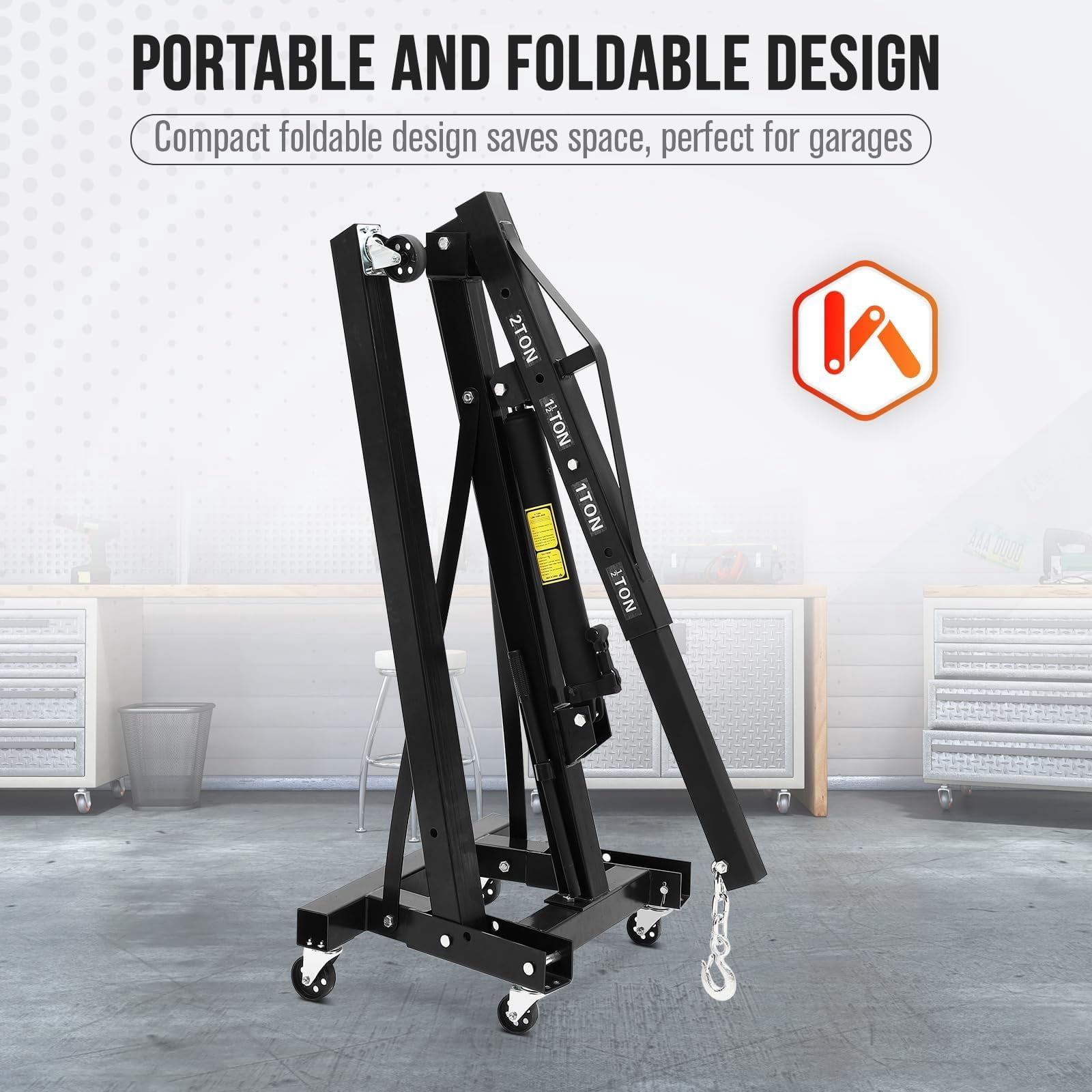 2 Ton (4000 LB) Folding Hydraulic Engine Hoist, Engine Shop Crane Hoist Lift, Heavy Cherry Picker with 6 Wheels and Telescopic Boom for Home Garage, Workshop, Warehouse, Heavy-Duty