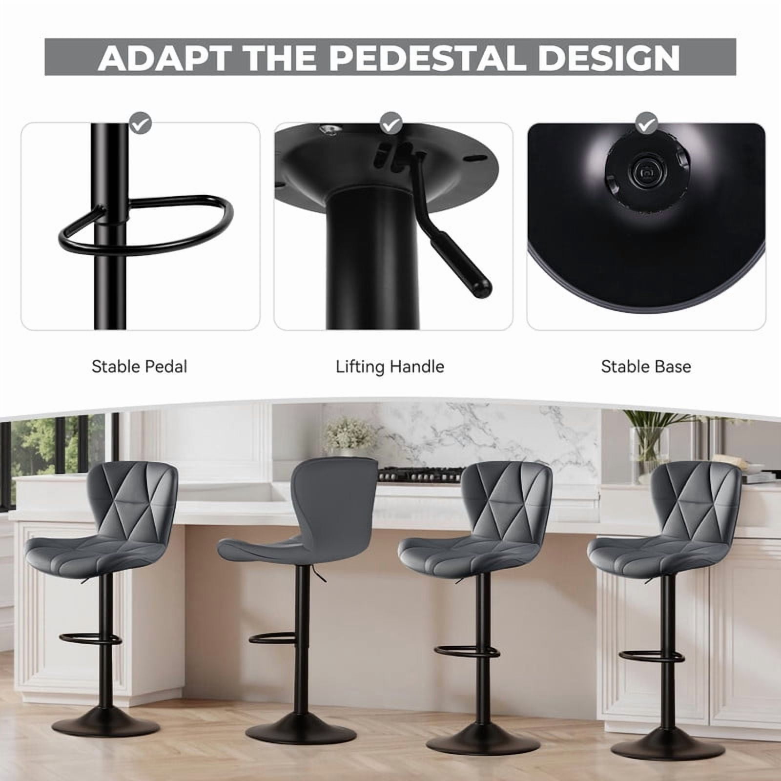 Daluvenix Modern Bar Stools Set of 1, Adjustable Swivel Counter Height Bar Chairs with Back, Faux Leather Upholstered for Kitchen Island, Dark Grey