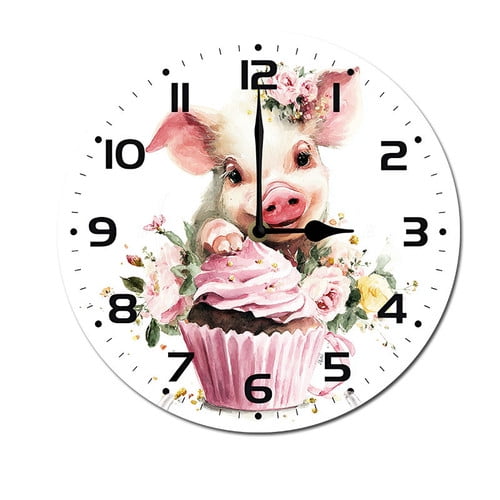 ZXCXRQFa Animal Cute Pig Watercolor Flower Wall Clock Non Ticking Silent Kitchen Clock Round Battery Operated Clocks 10 inch for Living Room Bedroom Decor