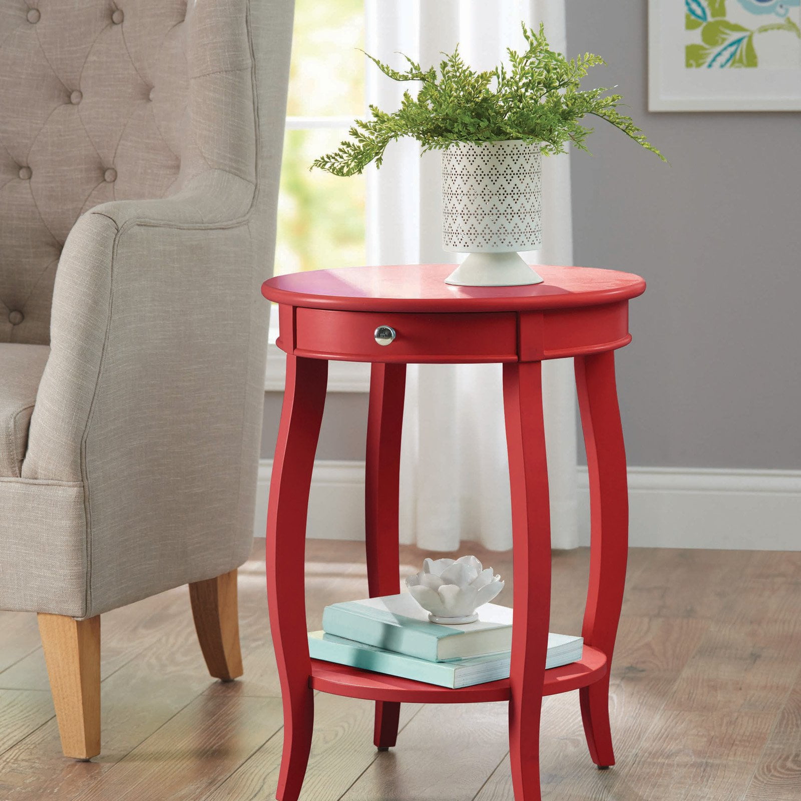 Details About Accent End Table Home Living Room Sofa Couch Red Wood Round Drawer Furniture New