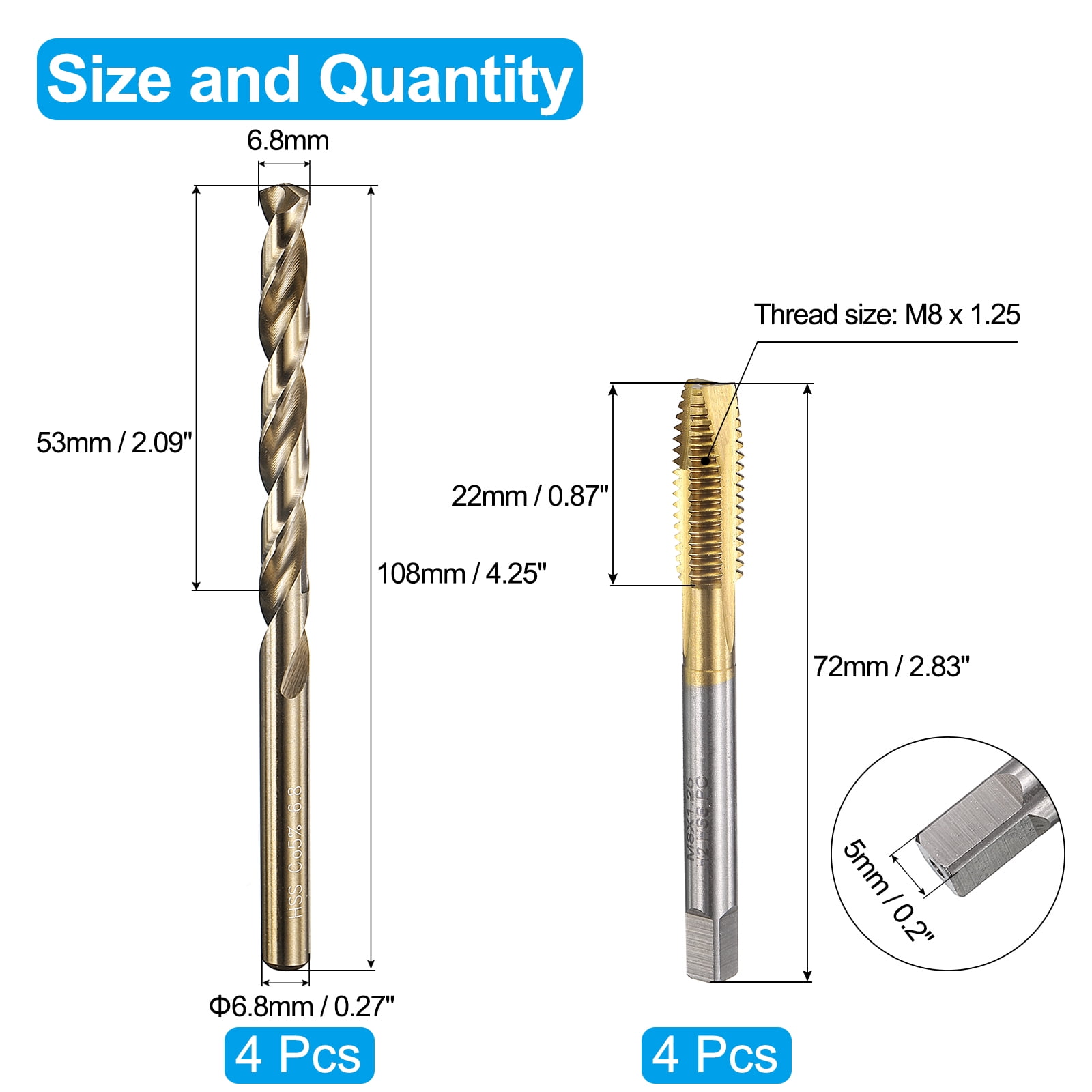 Uxcell Tap and Drill Bit Set, 4pcs M8 x 1.25 Metric Spiral Point Thread Screw Taps & 4pcs 6.8mm Twist Drill Bits, Titanium Coated/Roasted Yellow HSS-6542/M35 HSS-CO Tapping Threading Tool