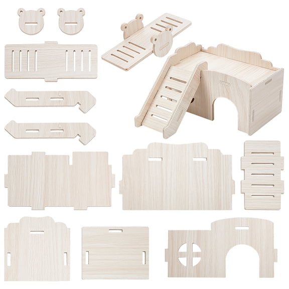 2 Sets 2 Style Wooden Hamster House with Sliding Board Wooden Hamster Teeter-totters Gerbil House with Climbing Ladder and Window Hamster House