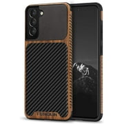 TENDLIN Compatible with Samsung Galaxy S21 Plus Case Wood Grain with Carbon Fiber Texture Design Leather Hybrid Case