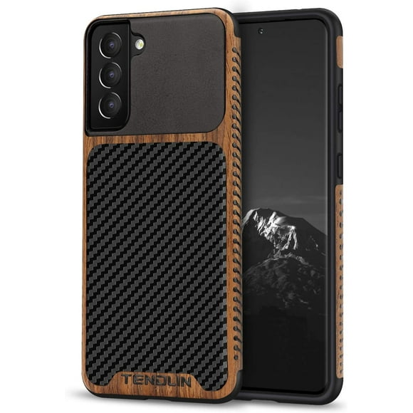 TENDLIN Compatible with Samsung Galaxy S21 Plus Case Wood Grain with Carbon Fiber Texture Design Leather Hybrid Case