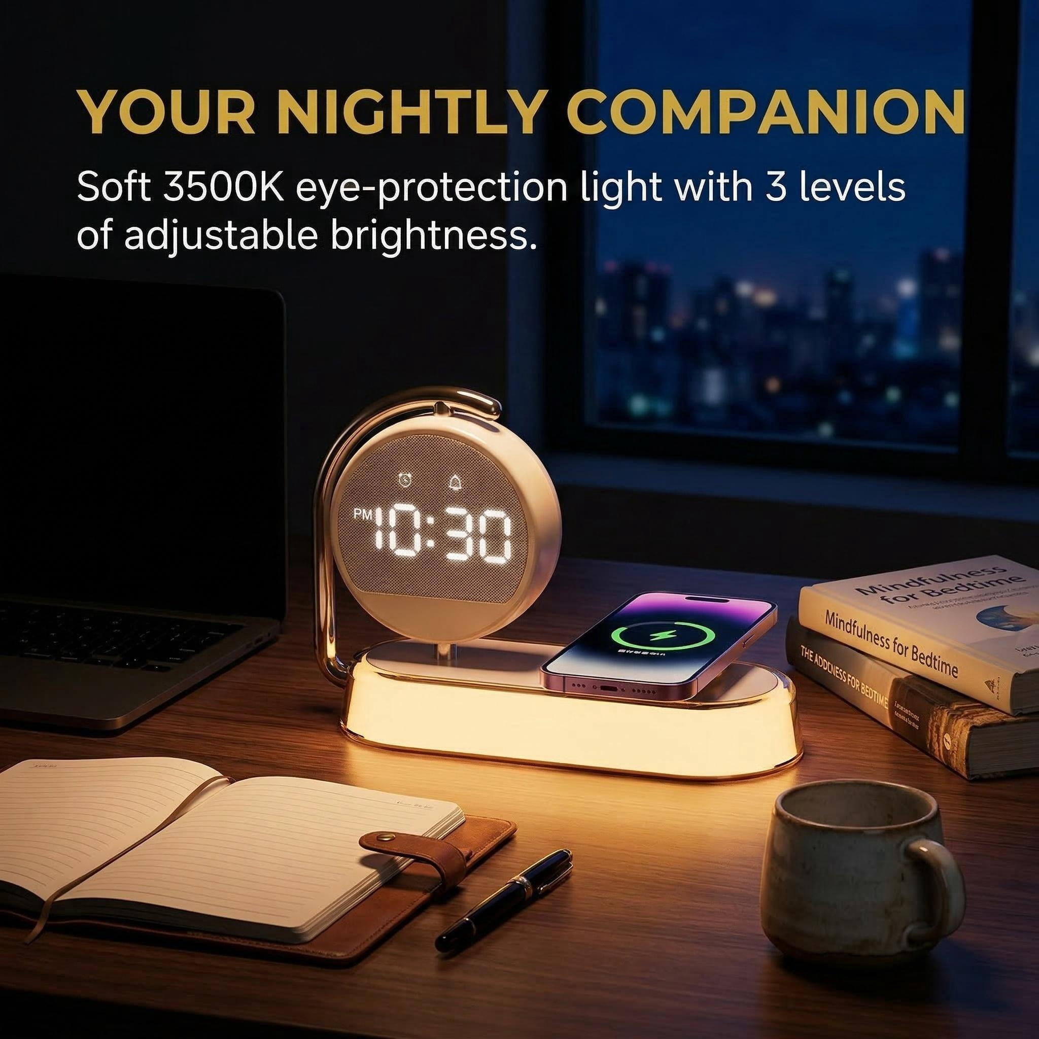 15W Wireless Charger Alarm Clock – Multifunctional night light with 360° rotatable display, 3500K eye-care warm light, touch control, alarm. Includes Type-C cable, safe for bedside desk charging