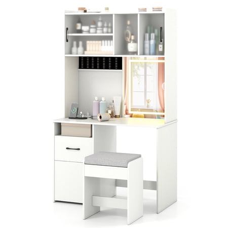 67 Inches Tall Makeup Vanity Set with 3‑Color Dimmable LED Mirror, Built‑in Multi‑Port Charging Station, Sliding Frosted‑Door Cabinets, Jewelry Storage and Soft‑Padded Stool for Bedroom，White