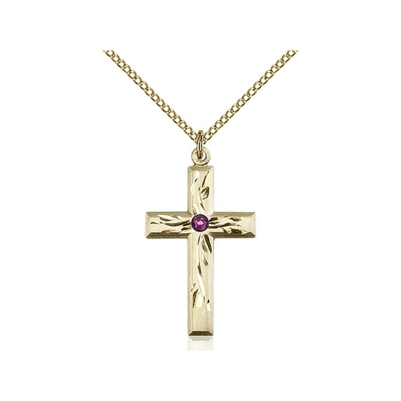 Gold Filled Cross Pendant with 3mm February Purple Swarovski Crystal 1 1/8 x 5/8 inches with Gold Filled Lite Curb Chain