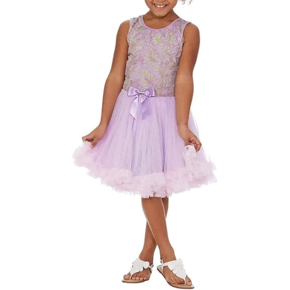 Popatu Toddler Girl's Embroidered Leaves Special Ocassions Tulle Dress, Light Purple, 2T-3T