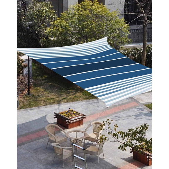 Navy Blue Ombre Stripe Sun Shade Sail 12'x16' Rectangle Outdoor Shade Canopy, Farmhouse Striped Gradient Porch Shades Outdoor Sun Blocking Screen, Sunshade Cloth Covers for Patio/Deck/Garden