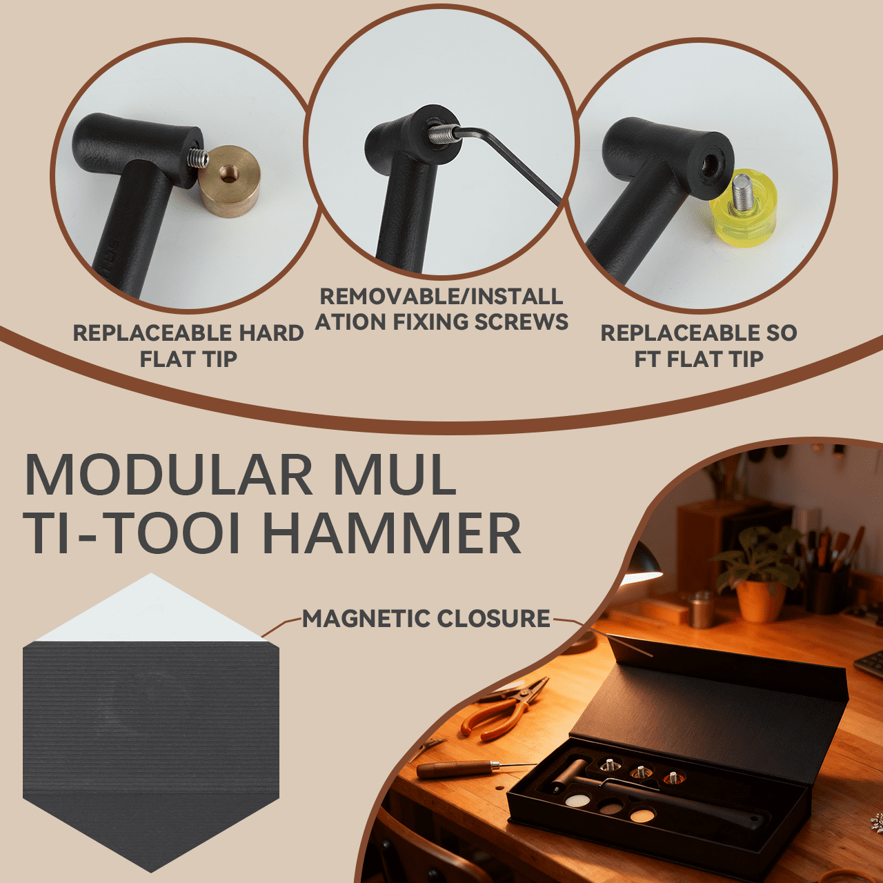 TOOLTOS Hard Plastic Rubber Hammer Set with 6 Replacement Heads – Multi-Purpose Tool for Jewelry, Leather Crafts, Woodworking, and Flooring Installation