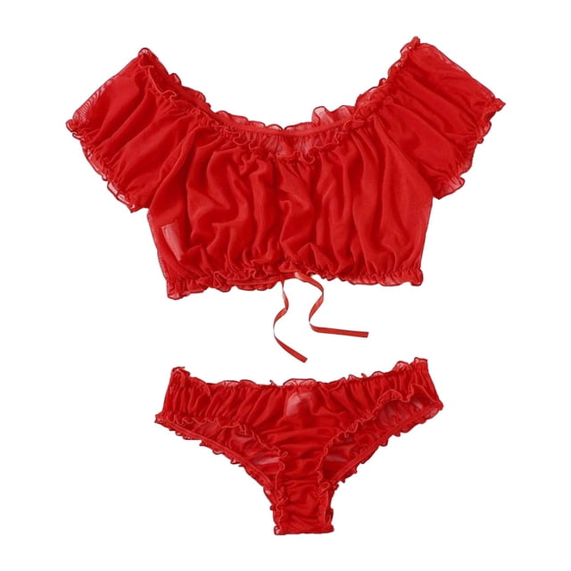 WZXFASHION Pyjamas Aguichant pour Femmes Ensemble de Deux Pièces en Maille Nuisette Grande Taille Lingerie Unie et Shorts sous-Vêtements Rouges P