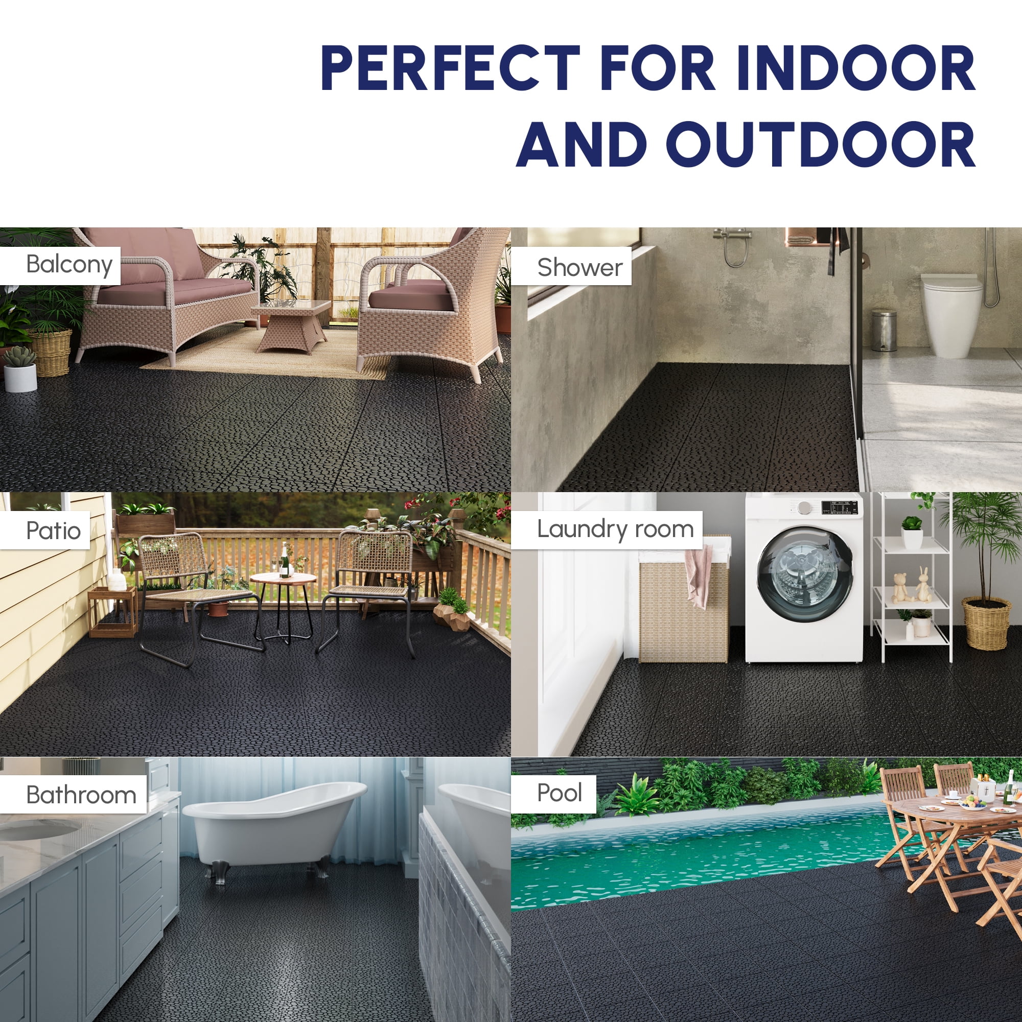 60-Pack Plastic Interlocking Deck Tiles,12"x12" Waterproof Outdoor Flooring All Weather Use,Anti-slip Floor Decking Tiles for Bathroom Garden Lawn Balcony Porch,Pebble Stone Pattern,Black