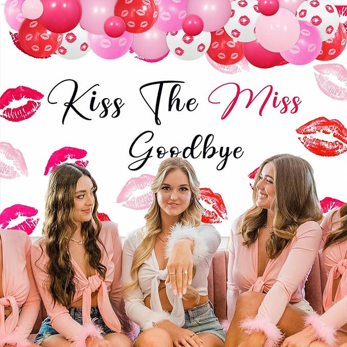 81Pcs Kiss the Miss Goodbye Bachelorette Decorations, Hot Pink Balloon Garland Arch Kit with Kiss the Miss Goodbye Backdrop Red Lips Balloons for Hen Party Bridal Shower Party Suppiles