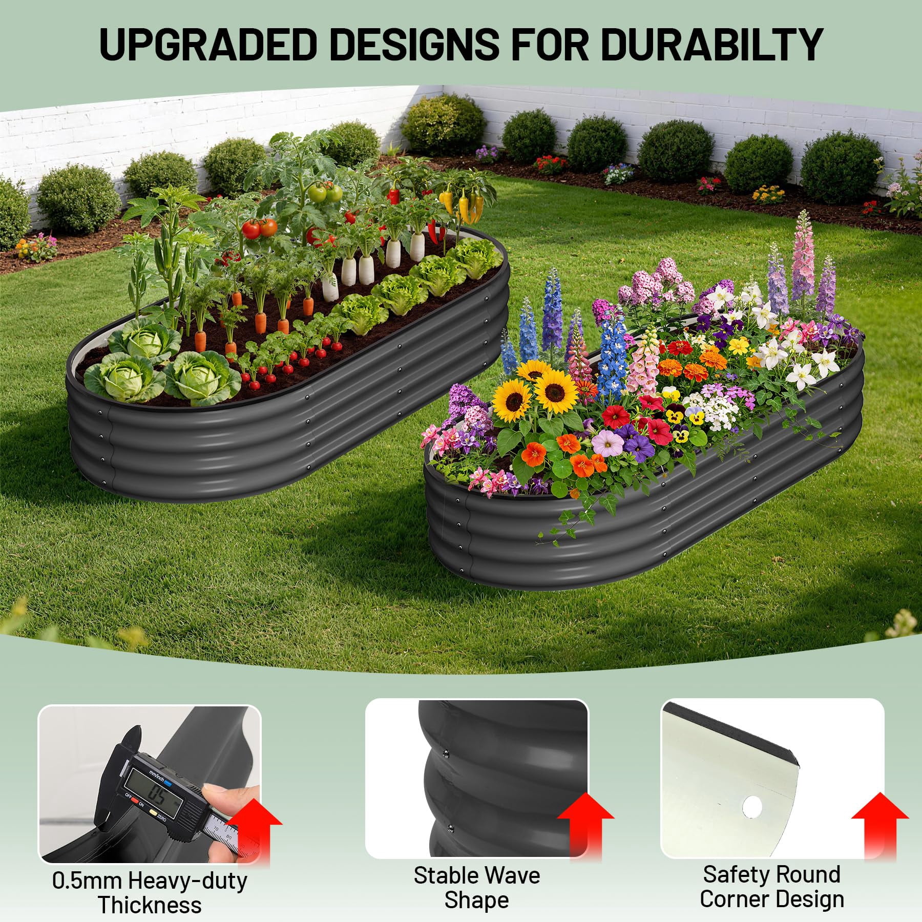 2 Pcs Galvanized Raised Garden Bed, Raised Garden Beds Outdoor, Oval Planter Raised Beds with Gloves and Rubber Edge Trim for Vegetables, Flowers and Herbs, 4x2x1 FT, Dark Grey
